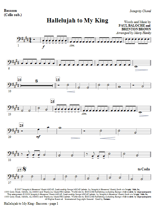 Odeslání Ihned Hallelujah To My King - Bassoon (Cello Sub)